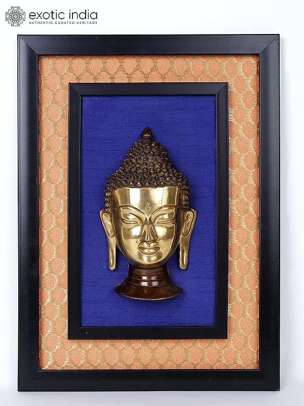 exotic india 16" Lord Buddha Head Wood Framed Brass Sculpture | Wall Hanging Decor 
