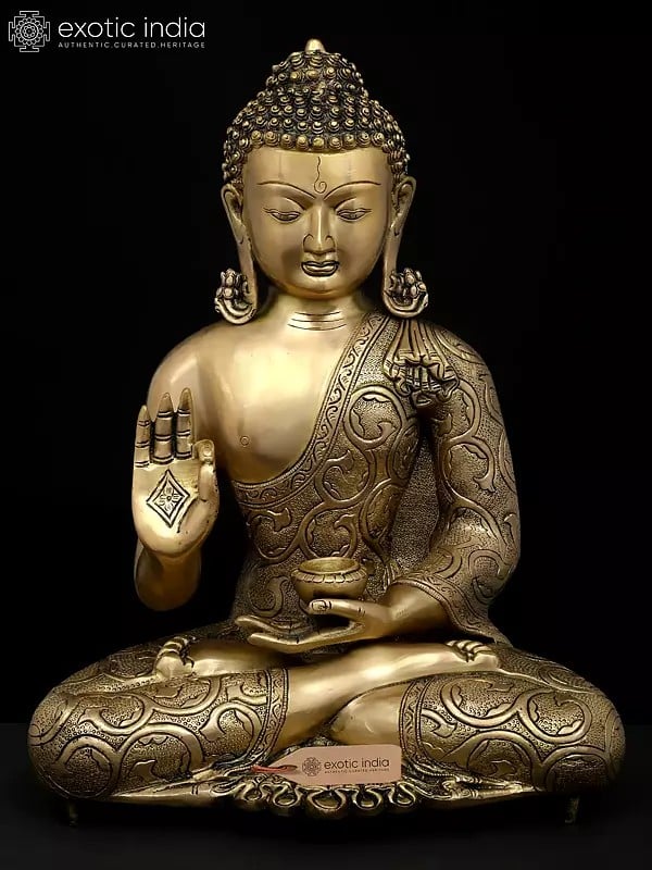 exotic india 16" Lord Buddha Seated in Vitark Mudra | Brass Statue 