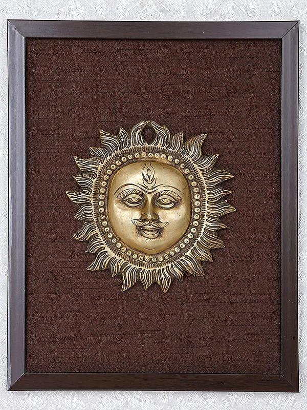 Exotic India 16" Lord Surya Wood Framed Brass Sculpture | Wall Hanging 