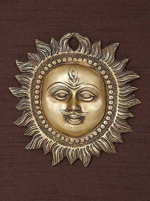 Exotic India 16" Lord Surya Wood Framed Brass Sculpture | Wall Hanging 