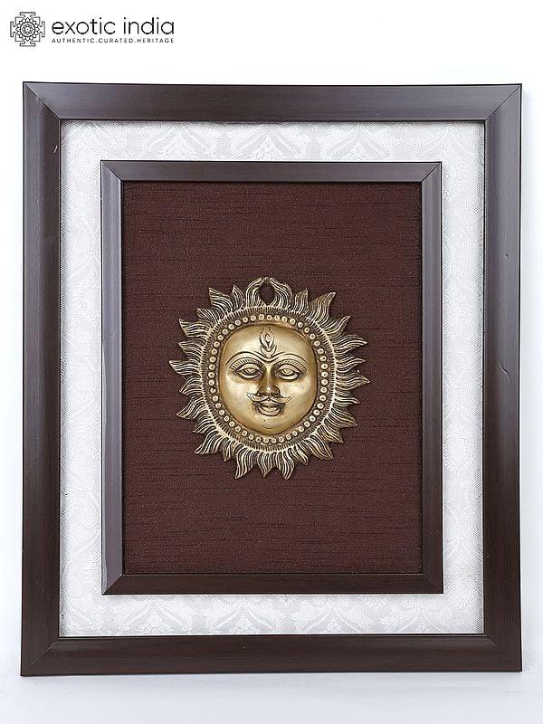 exotic india 16" Lord Surya Wood Framed Brass Sculpture | Wall Hanging 