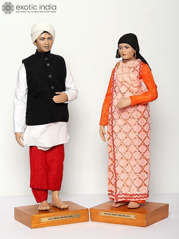 Exotic India 16" Man And Woman From Meghalaya | Traditional Handmade Dolls 
