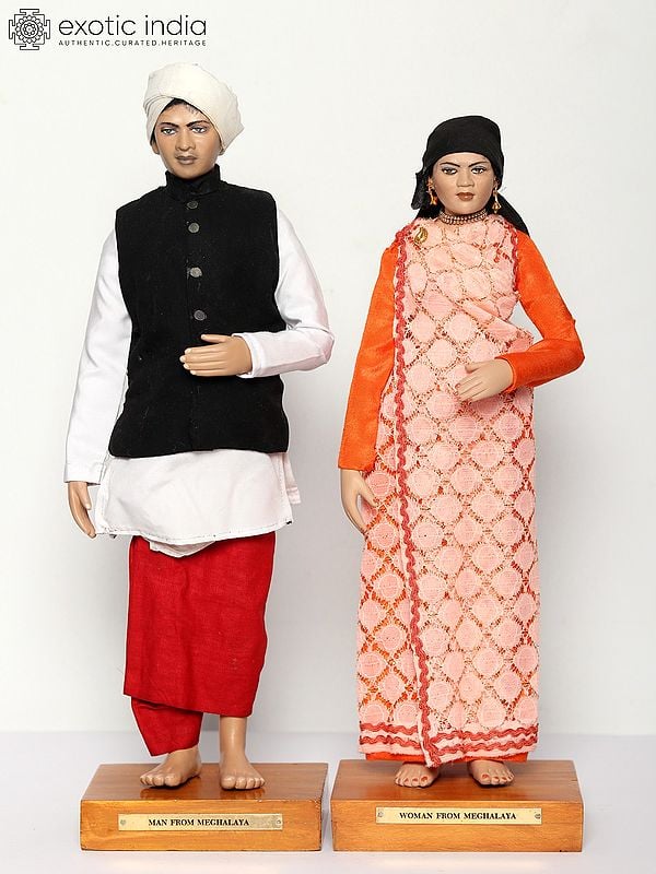 exotic india 16" Man and Woman from Meghalaya | Traditional Handmade Dolls 