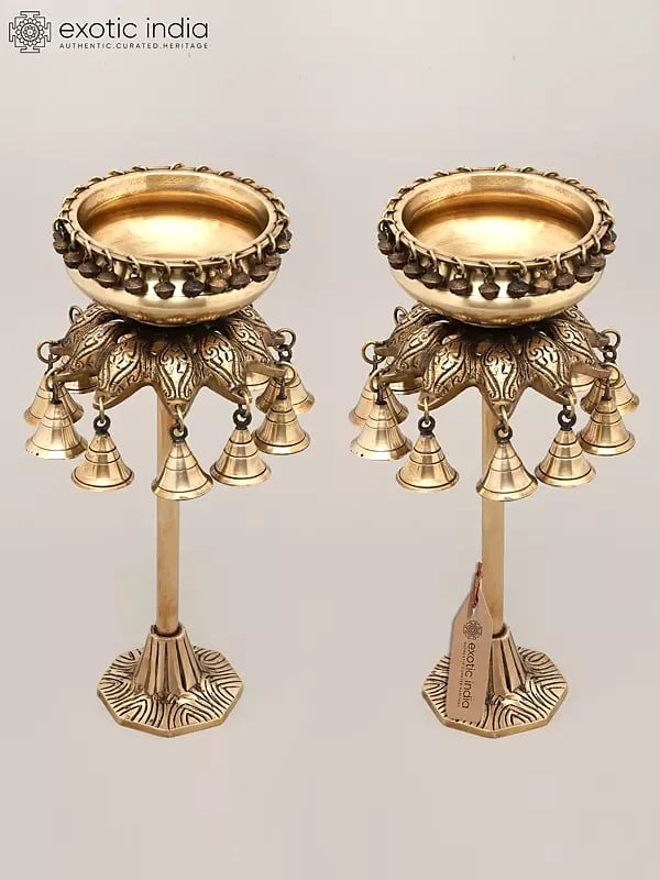 exotic india 16" Pair of Designer Brass Urli with Dangling Bells | Home Decor 