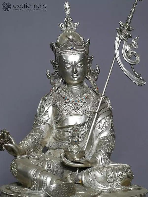 Exotic India 16" Silver Guru Padmasambhava Statue On Pedestal From Nepal 