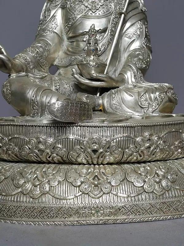 Exotic India 16" Silver Guru Padmasambhava Statue On Pedestal From Nepal 