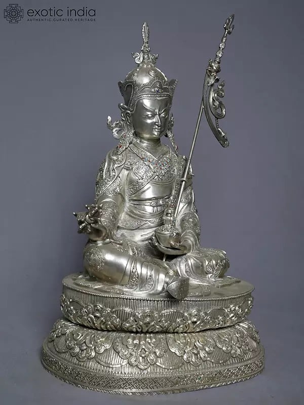 Exotic India 16" Silver Guru Padmasambhava Statue On Pedestal From Nepal 