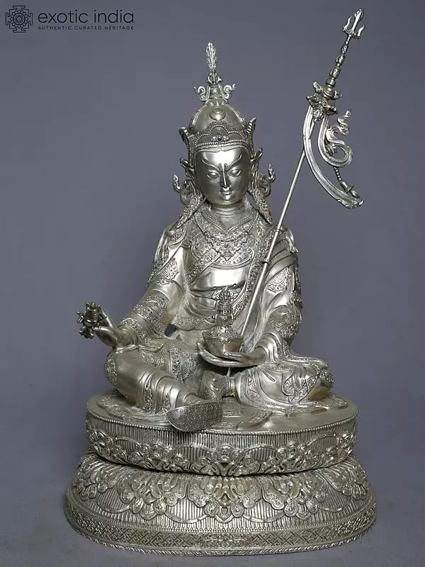 exotic india 16" Silver Guru Padmasambhava Statue On Pedestal From Nepal 