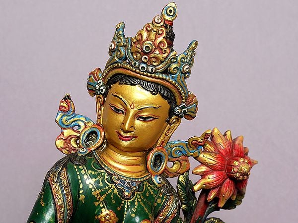Exotic India 16" Standing Goddess Green Tara Gilded Copper Statue From Nepal 