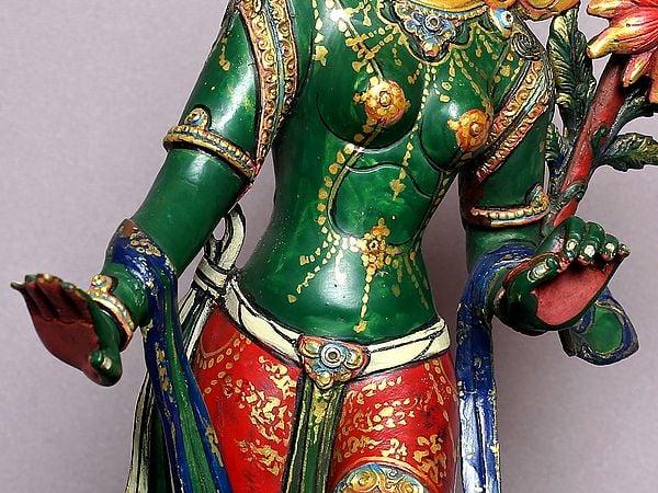 Exotic India 16" Standing Goddess Green Tara Gilded Copper Statue From Nepal 