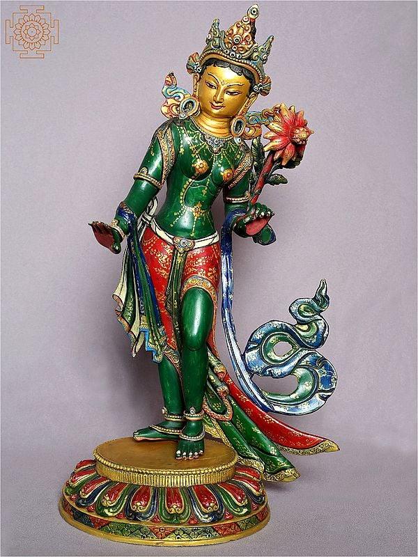 exotic india 16" Standing Goddess Green Tara Gilded Copper Statue from Nepal 