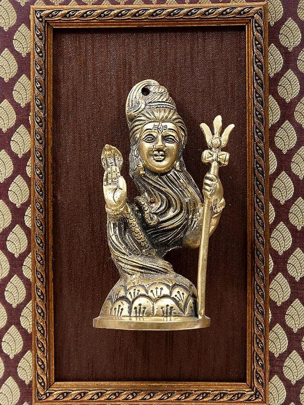 Exotic India 16" Stylized Blessing Lord Shiva | Wall Hanging | Wood Framed Brass Sculpture 