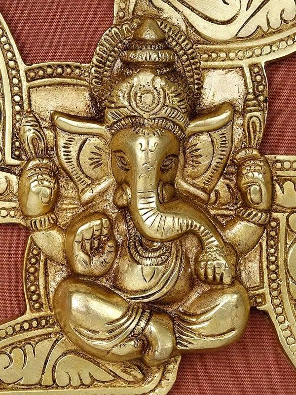 Exotic India 16" Swastik Ganesha | Wood Framed Brass Sculpture | Wall Hanging 