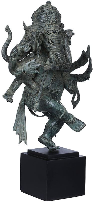 Exotic India 16" Three Headed Musical Ganesha Statue Playing A Flute | Handmade Brass Idol 