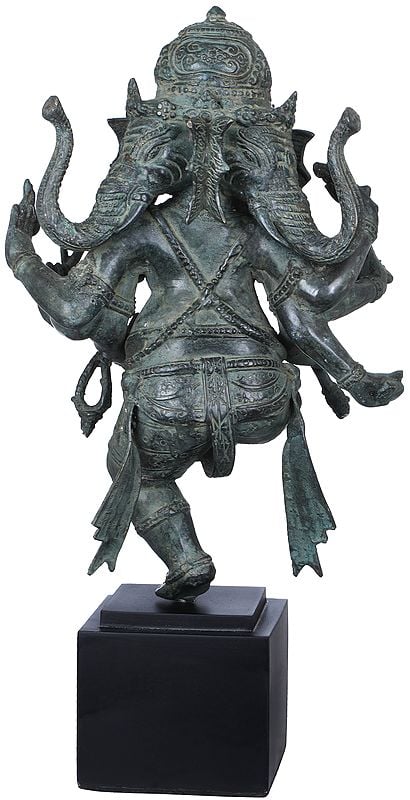 Exotic India 16" Three Headed Musical Ganesha Statue Playing A Flute | Handmade Brass Idol 