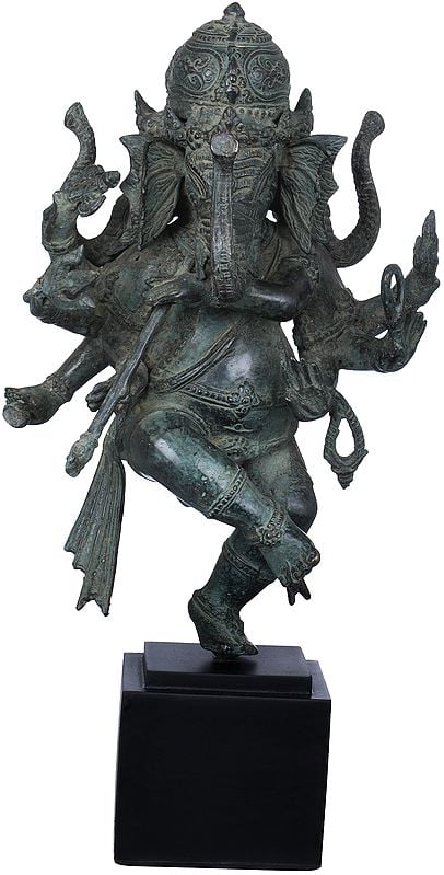 exotic india 16" Three Headed Musical Ganesha Statue Playing a Flute | Handmade Brass Idol 