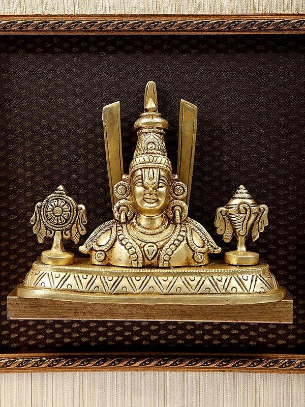 Exotic India 16" Tirupati Balaji (Venkateshvara) Statue With Vaishnava Symbols | Wood Framed Brass Sculpture | Wall Hanging 