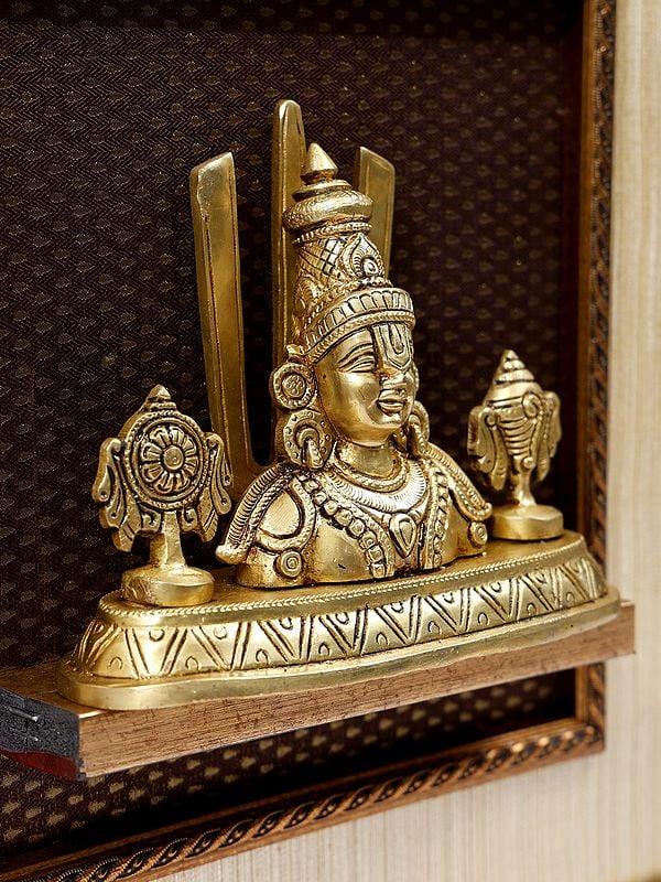 Exotic India 16" Tirupati Balaji (Venkateshvara) Statue With Vaishnava Symbols | Wood Framed Brass Sculpture | Wall Hanging 