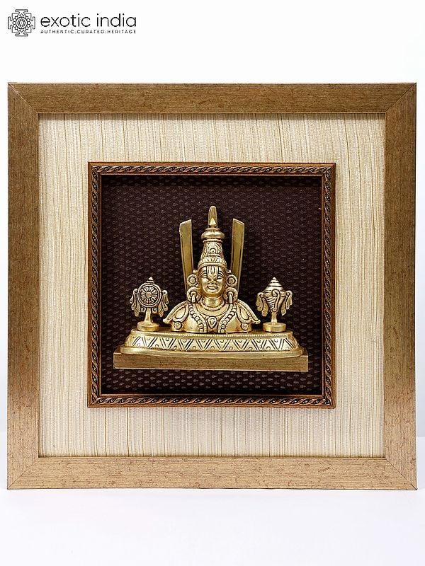 exotic india 16" Tirupati Balaji (Venkateshvara) Statue with Vaishnava Symbols | Wood Framed Brass Sculpture | Wall Hanging 
