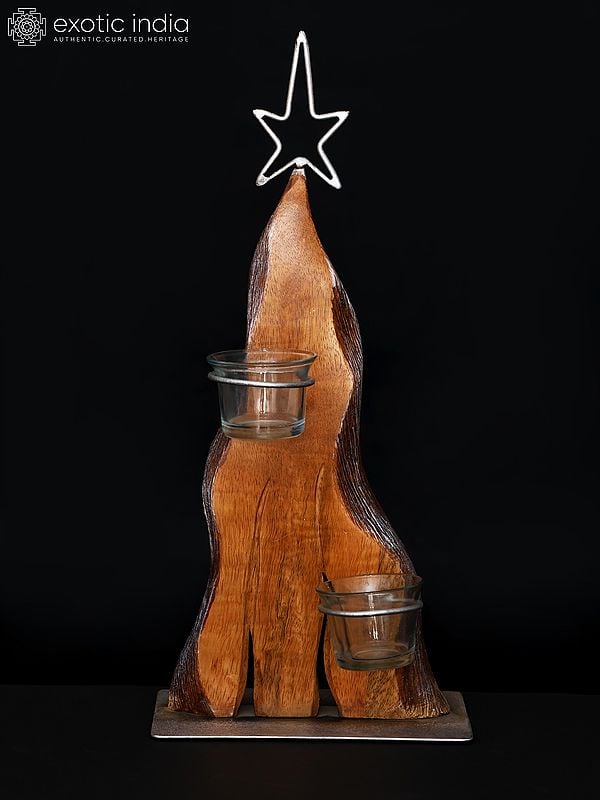 exotic india 16" Wood Christmas Tree with Two Cup Candle Holders | Table Decor 