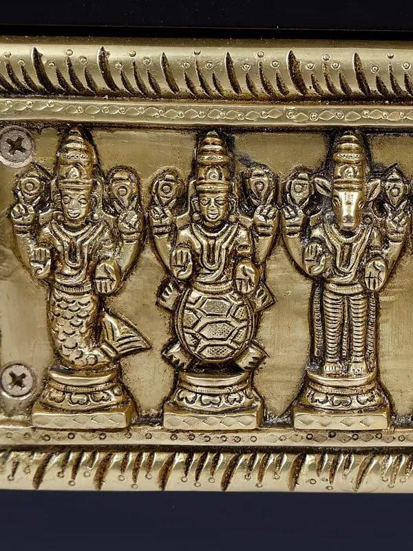Exotic India 16" Wood Framed Dashavatara Of Lord Vishnu In Brass | Wall Hanging 
