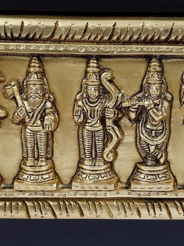 Exotic India 16" Wood Framed Dashavatara Of Lord Vishnu In Brass | Wall Hanging 
