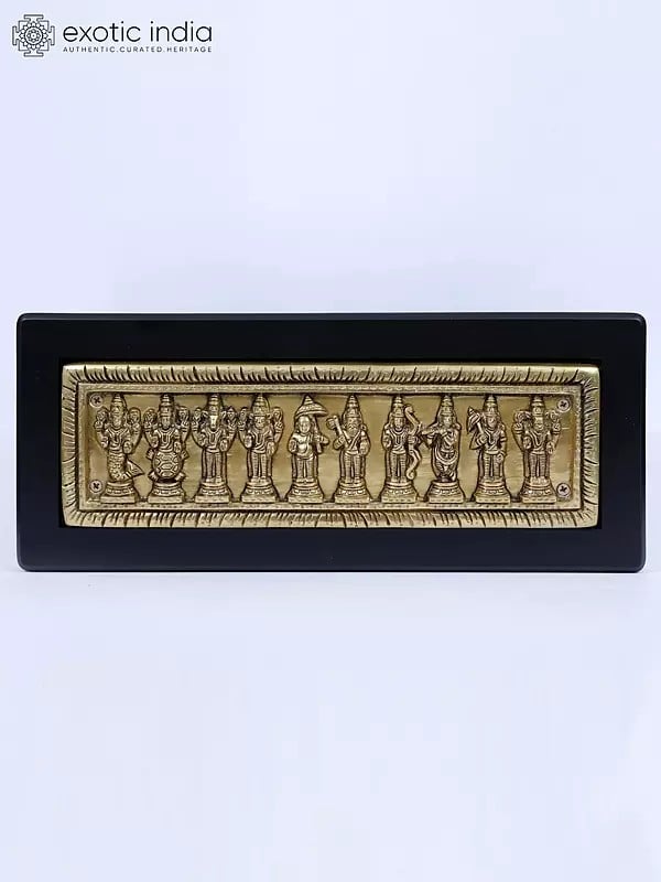 exotic india 16" Wood Framed Dashavatara of Lord Vishnu in Brass | Wall Hanging 