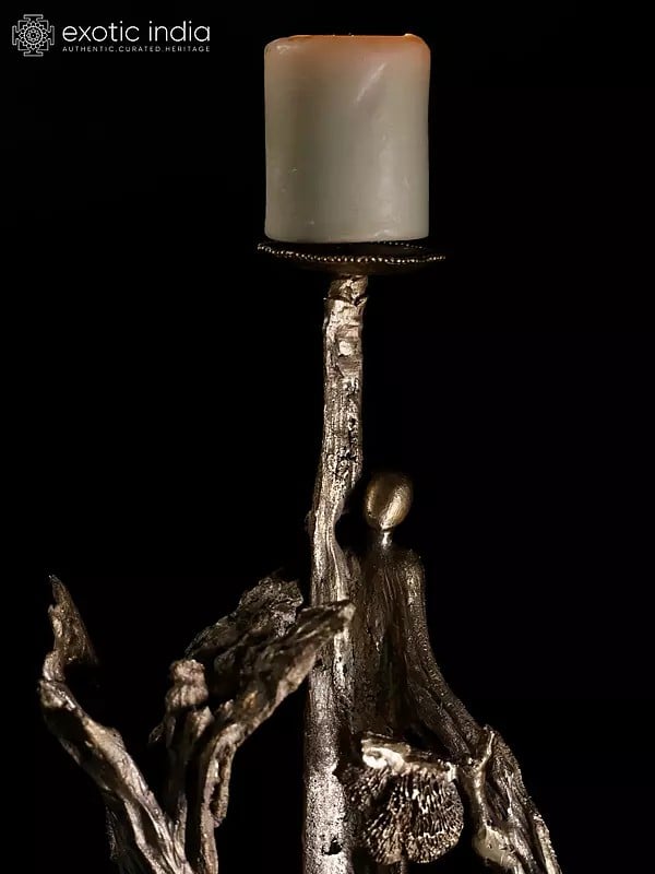 Exotic India 17" Bear Seated Under The Tree | Designer Candle Stand | Original Sculpture | Home Decor 