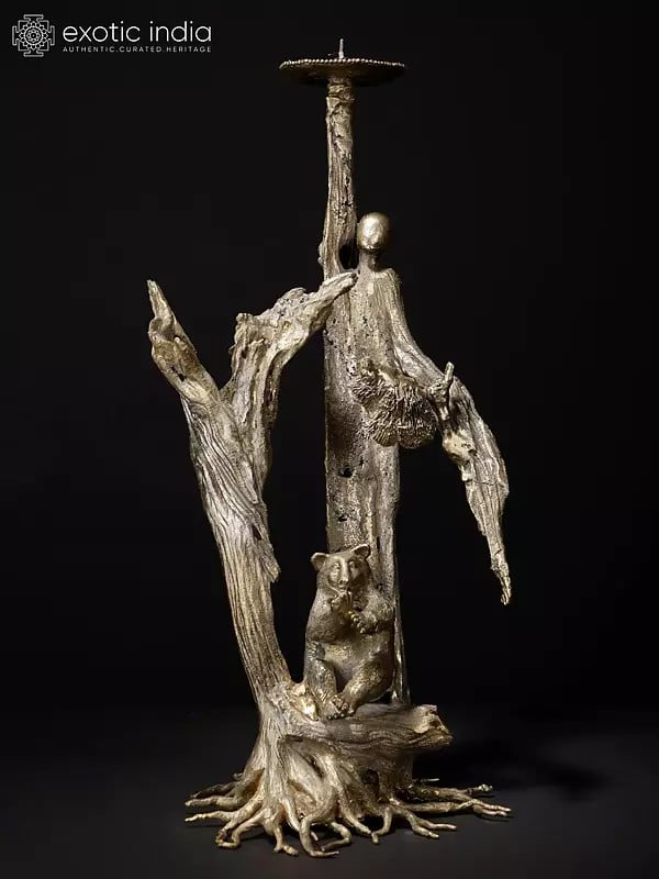 Exotic India 17" Bear Seated Under The Tree | Designer Candle Stand | Original Sculpture | Home Decor 