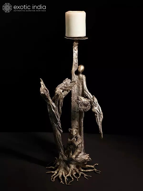 exotic india 17" Bear Seated Under The Tree | Designer Candle Stand | Original Sculpture | Home Decor 
