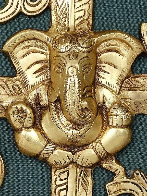 Exotic India 17" Blessing Lord Ganesha With Hindu Symbols Om And Swastik | Wall Hanging Wood Framed Brass Sculpture 