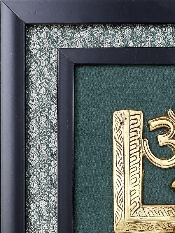Exotic India 17" Blessing Lord Ganesha With Hindu Symbols Om And Swastik | Wall Hanging Wood Framed Brass Sculpture 