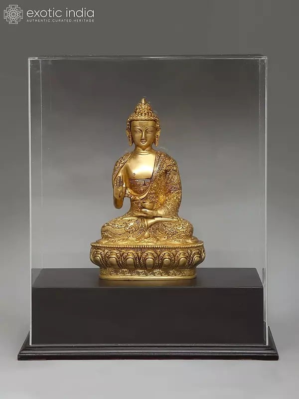 exotic india 17" Brass Lord Buddha Seated in Vitark Mudra | With Box 