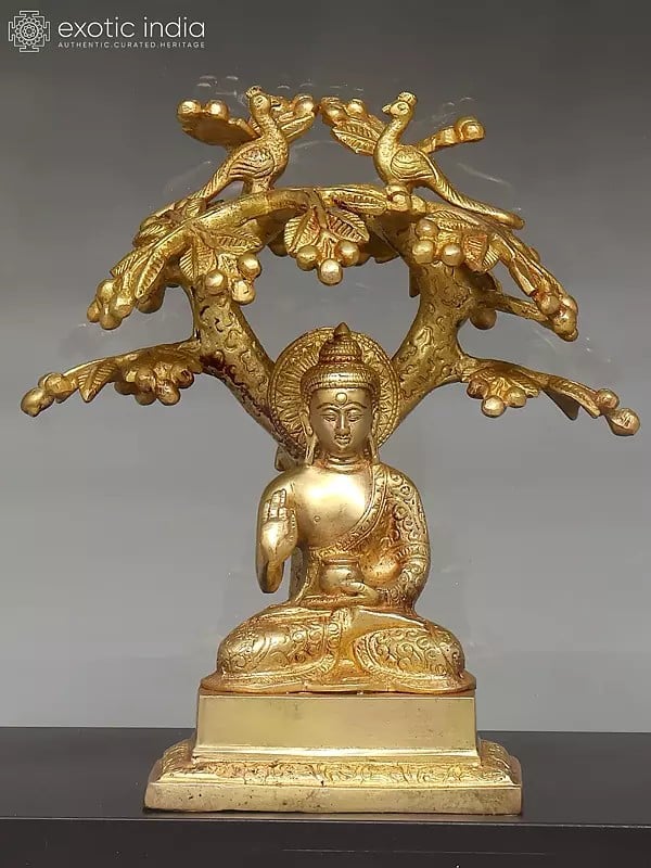 Exotic India 17" Brass Lord Buddha Seated Under The Bodhi Tree | With Box 