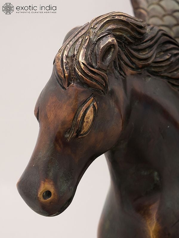 Exotic India 17" Brass Pegasus – Decorative Mythical Horse Sculpture | Home Decor 