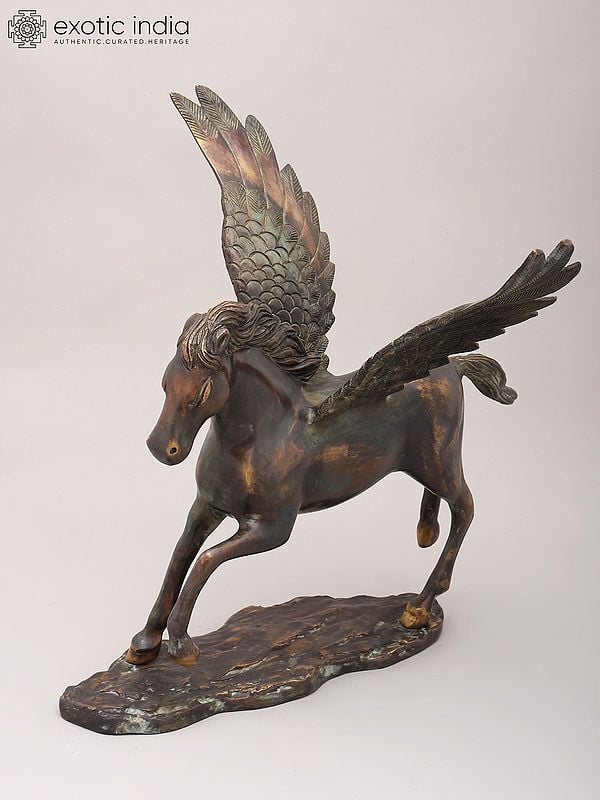 exotic india 17" Brass Pegasus – Decorative Mythical Horse Sculpture | Home Decor 