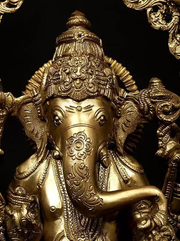 Exotic India 17" Chaturbhuja Lord Ganesha Seated On Kirtimukha Throne | Hoysala Bronze Statue 