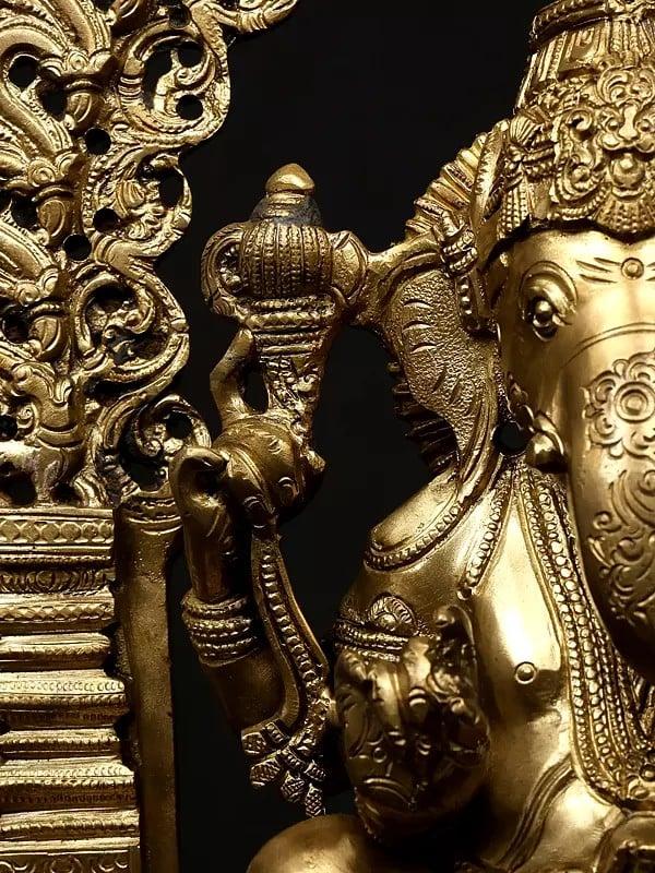 Exotic India 17" Chaturbhuja Lord Ganesha Seated On Kirtimukha Throne | Hoysala Bronze Statue 