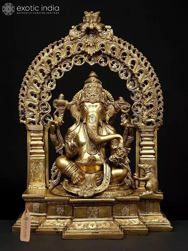 exotic india 17" Chaturbhuja Lord Ganesha Seated on Kirtimukha Throne | Hoysala Bronze Statue 