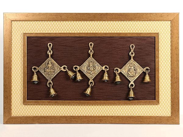 exotic india 17" Lakshmi Ganesha and Saraswati with Bells in Brass | Wooden Wall Hanging Frame 