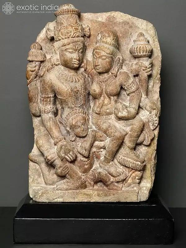 Exotic India 17" Sand Stone Shiva Parvati On Wooden Base 