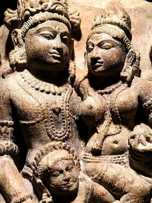 Exotic India 17" Sand Stone Shiva Parvati On Wooden Base 