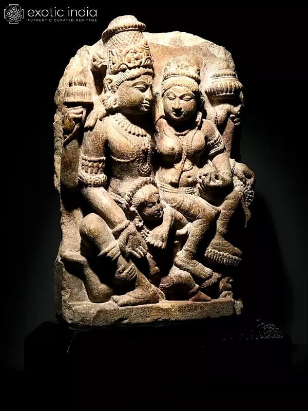 Exotic India 17" Sand Stone Shiva Parvati On Wooden Base 
