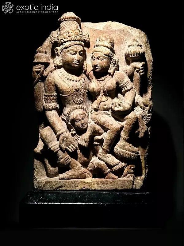 exotic india 17" Sand Stone Shiva Parvati on Wooden Base 