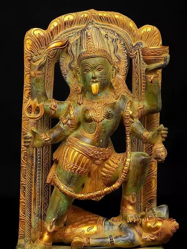 Exotic India 17" The Fearless Destroyer - Goddess Kali Standing On Lord Shiva | Brass Statue 