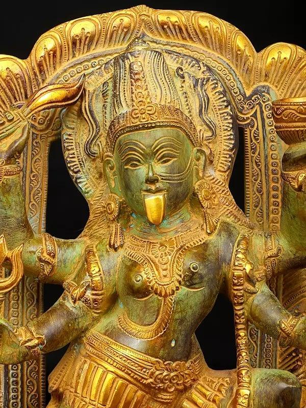 Exotic India 17" The Fearless Destroyer - Goddess Kali Standing On Lord Shiva | Brass Statue 