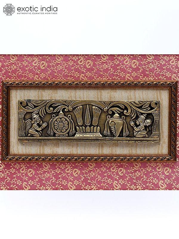 Exotic India 17" Vaishnava Symbols (Chakra Tilak And Conch) With Garuda And Hanuman | Wood Framed Brass Sculpture | Wall Hanging 