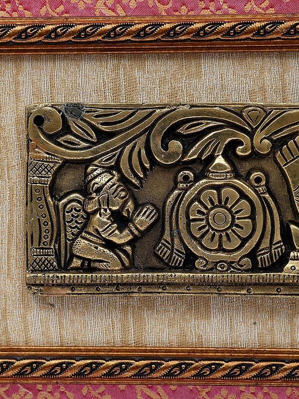 Exotic India 17" Vaishnava Symbols (Chakra Tilak And Conch) With Garuda And Hanuman | Wood Framed Brass Sculpture | Wall Hanging 