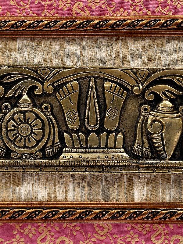 Exotic India 17" Vaishnava Symbols (Chakra Tilak And Conch) With Garuda And Hanuman | Wood Framed Brass Sculpture | Wall Hanging 