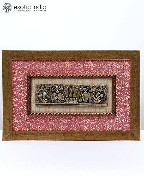 exotic india 17" Vaishnava Symbols (Chakra Tilak and Conch) with Garuda and Hanuman | Wood Framed Brass Sculpture | Wall Hanging 